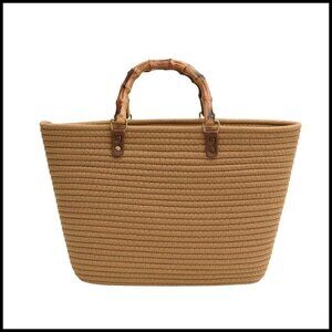 Large Woven Tote Bag with Bamboo-Inspired Handles Chic Vintage Minimal Shoulder